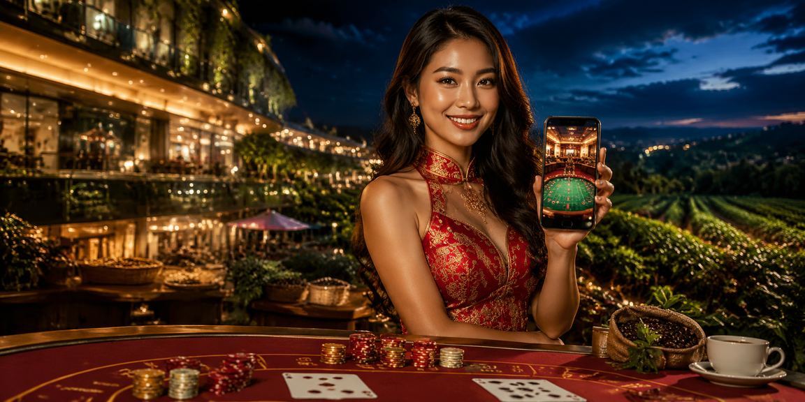 Không gian chơi slot game tại Phú Quốc với nón lá truyền thống và ánh đèn hiện đại