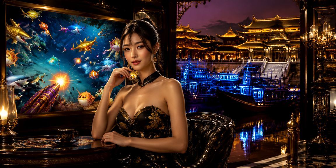 Màn hình bắn cá sôi động tại quán cà phê Huế với ánh đèn đêm ấm áp